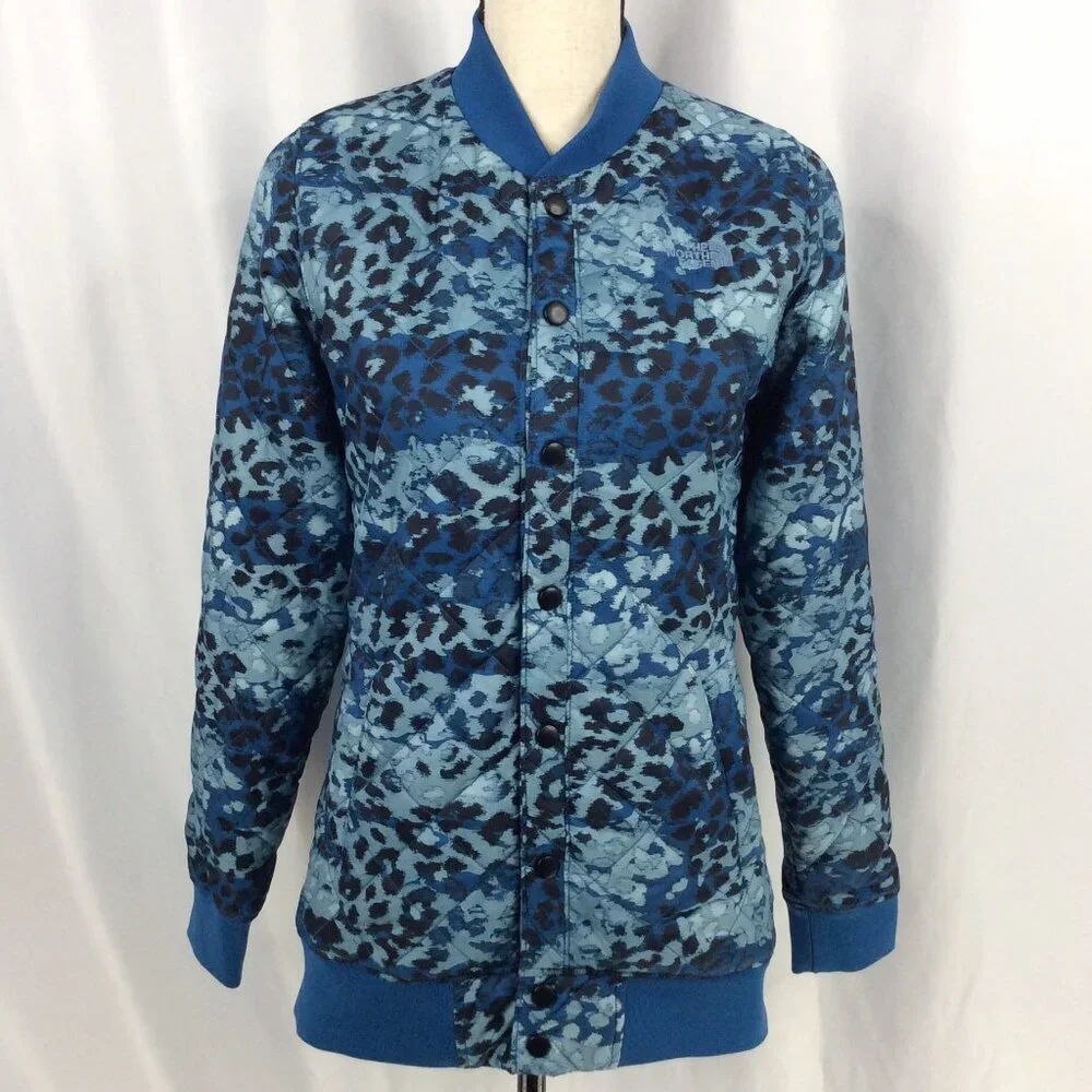 The North Face Anna Quilted Bomber Jacket Womens XS Blue Leopard Print Insulated